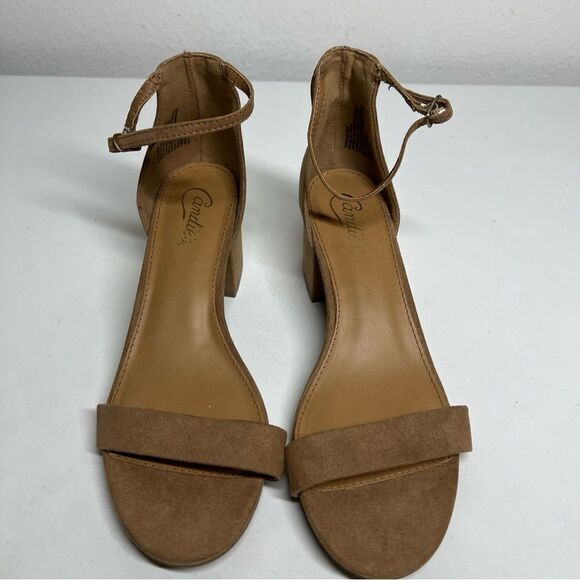 Candie’s Womens Tan Faux Suede  Sandals Size 9,5 M EUC Block Heel Ankle Strap - Picture 5 of 15